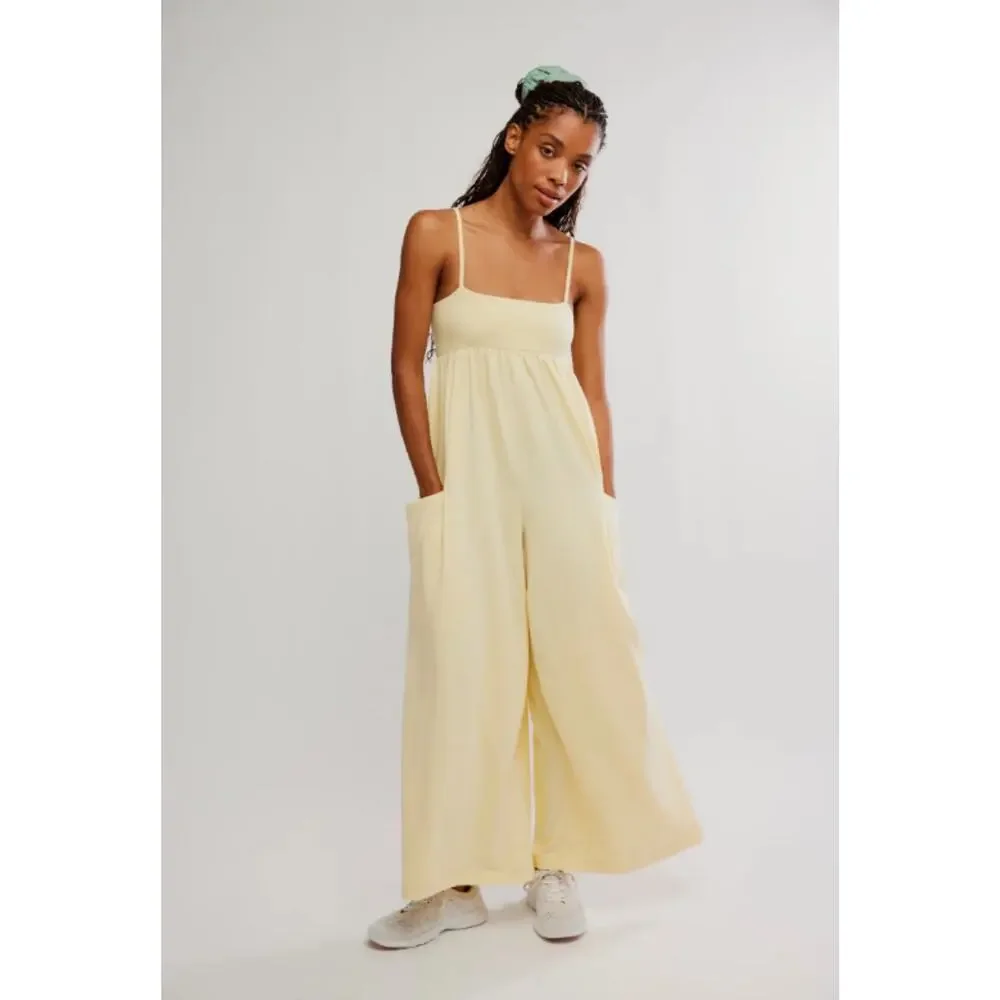 Free People Movement Hot shot strappy onesie Yellow Wide Leg Jumpsuit Romper - Picture 1 of 7